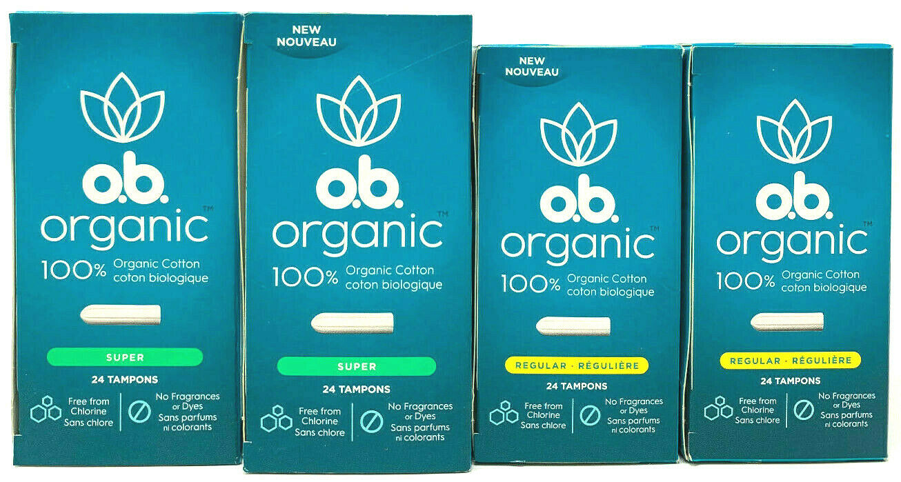 (4) O.B. OB Organic 100% Organic Cotton Tampons SEALED 2 Boxes Regular & Super