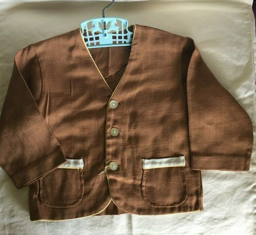 Adorable VTG 1950's Linen Baby Boy Brown Sugar Suit Jacket ~Pockets~Looks NEW 2T